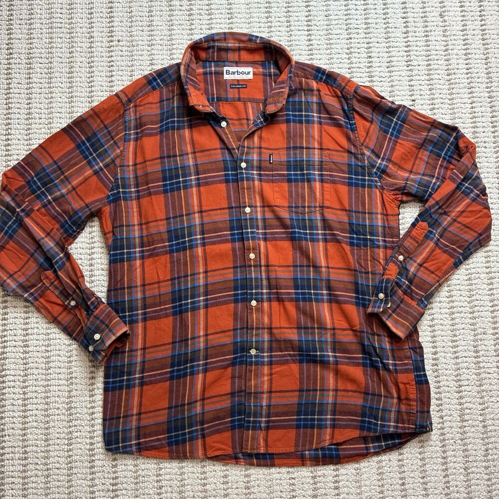 Barbour Flannel Button Down Shirt Blue Orange Plaid Tailored Fit Size Large